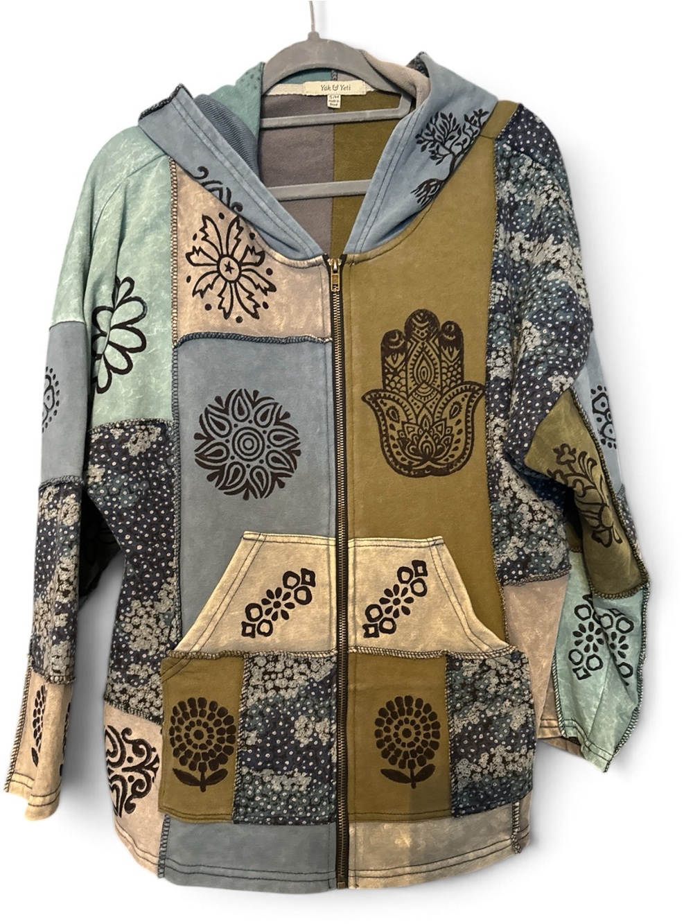 Yak & Yeti Patchwork Boho Zip-Up Hoodie S/M Made in Nepal